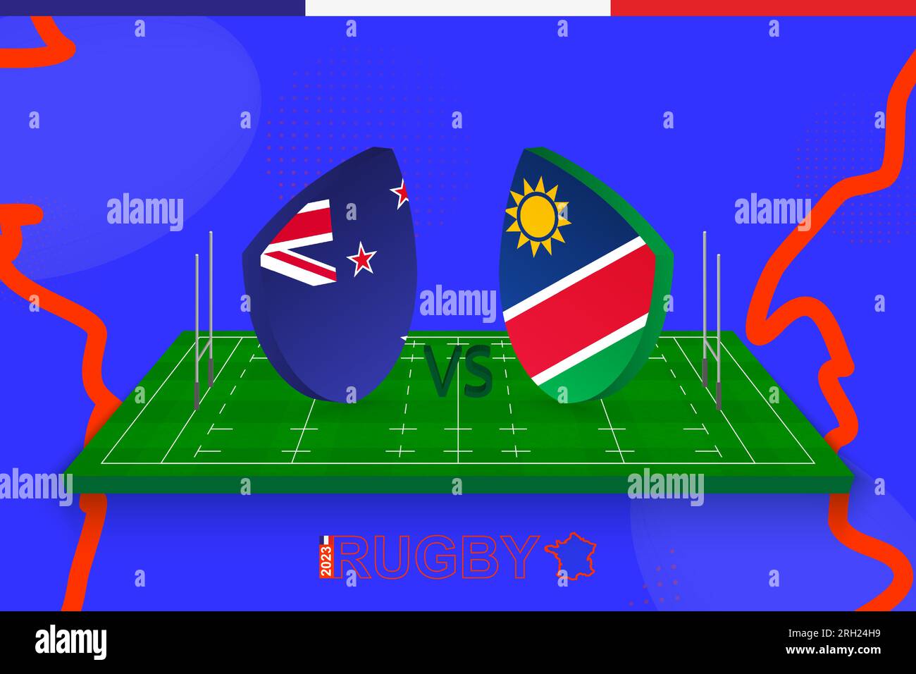 La nuova Zelanda contro la Namibia sul campo di rugby. Stadio di rugby sullo sfondo astratto del campionato internazionale. Modello vettoriale. Illustrazione Vettoriale