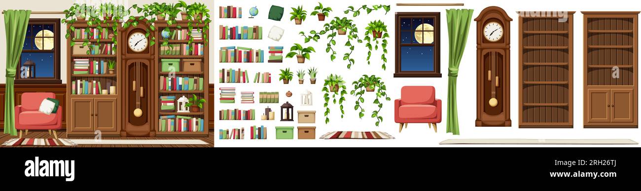 Interni vintage soggiorno con librerie, orologio nonno, una poltrona, una finestra, e un sacco di libri e piante da casa. Interno antico e accogliente d Illustrazione Vettoriale