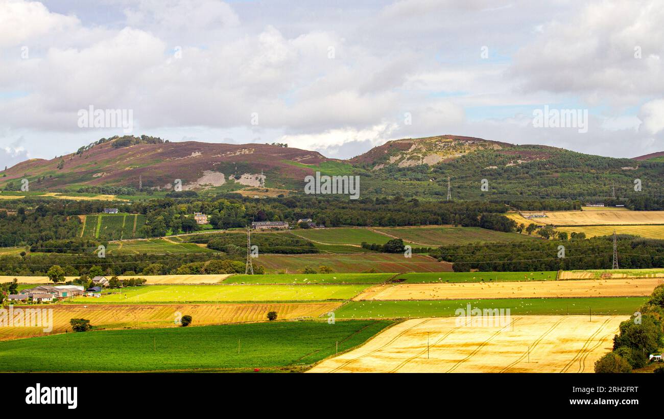 Dundee, Tayside, Scozia, Regno Unito. 13 agosto 2023. Tempo nel Regno Unito: Il tempo nel nord-est della Scozia è nuvoloso con intervalli di sole, temperature che raggiungono i 20°C. In agosto, una pittoresca vista panoramica della Strathmore Valley, Sidlaw Hills e dei terreni agricoli circostanti nella rurale Dundee. Crediti: Dundee Photographics/Alamy Live News Foto Stock