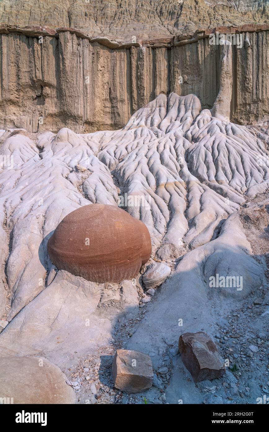 Affascinanti formazioni conosciute come concrezioni di palla di cannone nella North Unit del Theodore Roosevelt National Park Foto Stock