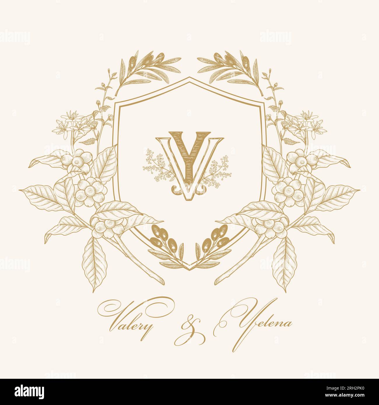 Stemma con logo VY Initial Wedding Monogram, logo da sposa, monogramma da sposa personalizzato, logo da sposa iniziale VY Initial Wedding Monogram. Illustrazione Vettoriale