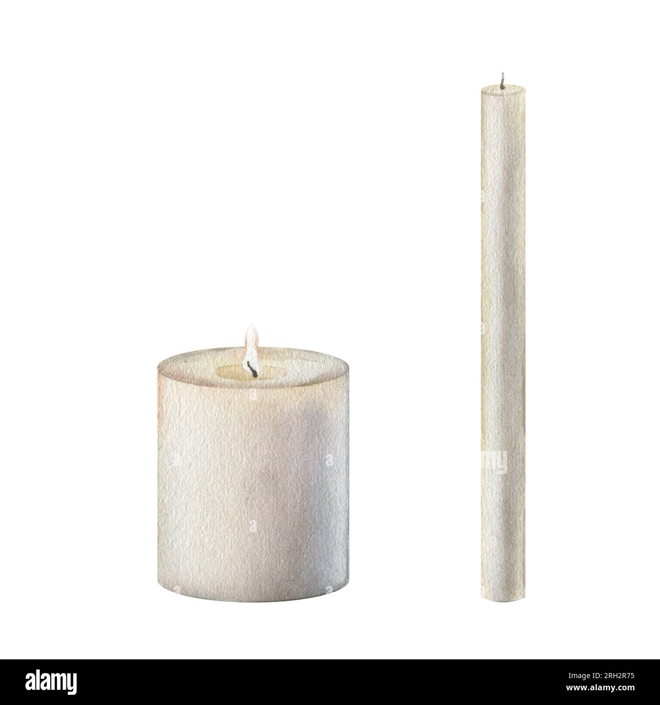 Set di candele bianche da decorare ad Halloween, Capodanno e Natale. Illustrazione di pittura a mano ad acquerello su sfondo bianco isolato. Clipart Foto Stock