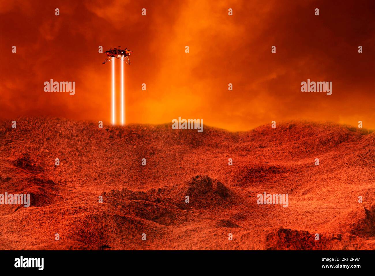 Astronave che atterra sulla superficie rossa di Marte Foto Stock