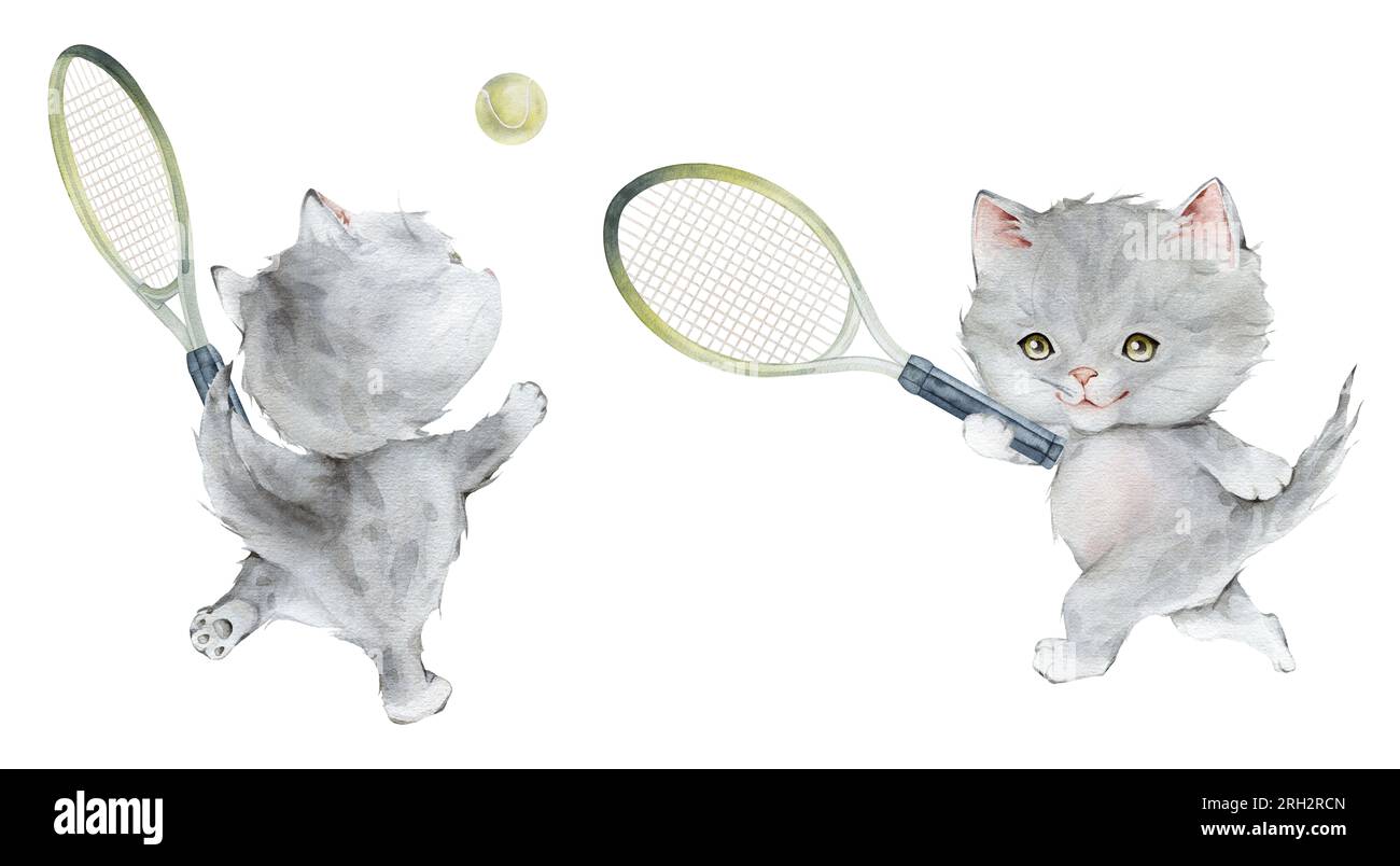 Piccolo tennista grigio gattino con racchetta e illustrazione ad acquerello. Disegnata a mano isolata su uno sfondo bianco. cartoni animati per bambini Foto Stock