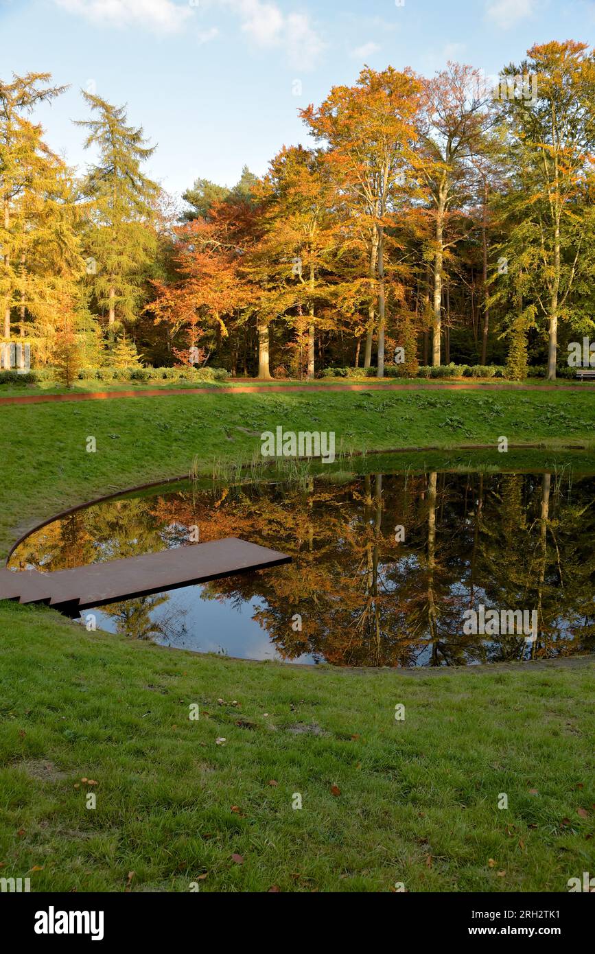 Alberi decidui nei colori autunnali si riflettono nel piccolo stagno della tenuta di Beerschoten, tra Bunnik e Bilthoven Foto Stock