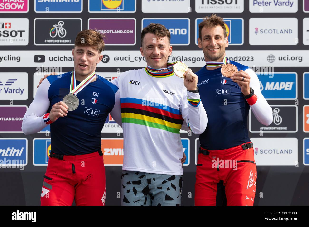 Glasgow BMX Centre, Glasgow, Scozia, Regno Unito. 13 agosto 2023. UCI Cycling World Championships BMX Racing Men's Elite Final - una nuova vittoria per la Francia, con Romain Mahieu che ha preso oro, Argento Arthur Pilard e bronzo Joris Daudet. Il britannico Cullen Ross ha concluso al 6° posto. Crediti: Kay Roxby/Alamy Live News Foto Stock