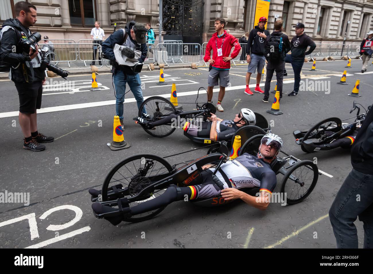 Glasgow, Scozia, Regno Unito. 13 agosto 2023. I Campionati del mondo di ciclismo su strada UCI Para-Cycling Road Team Relay. Credito: SKULLY/Alamy Live News Foto Stock