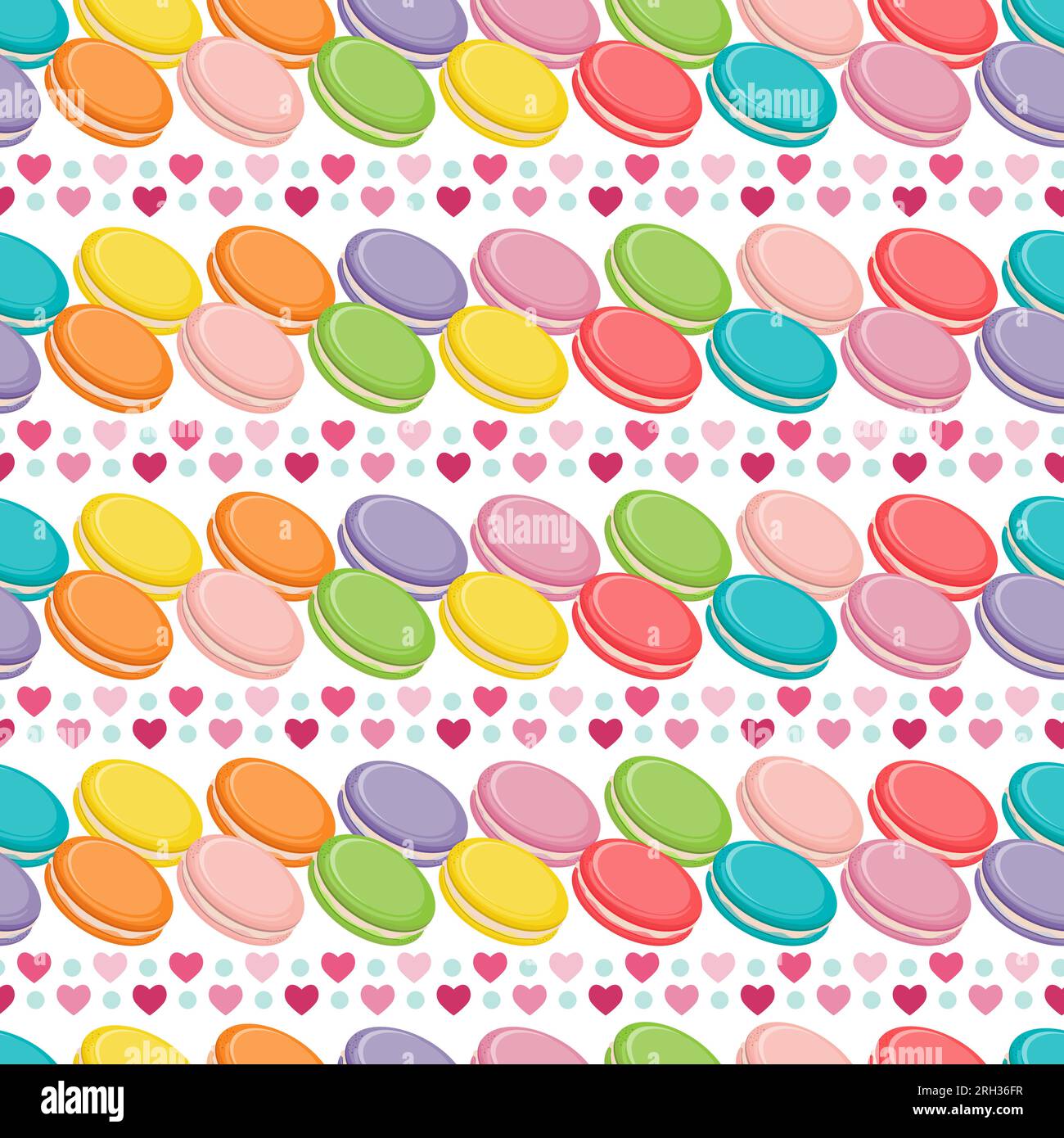 Motivo vettoriale senza cuciture con coloratissimi biscotti macaroon, biscotti francesi e cuori Illustrazione Vettoriale