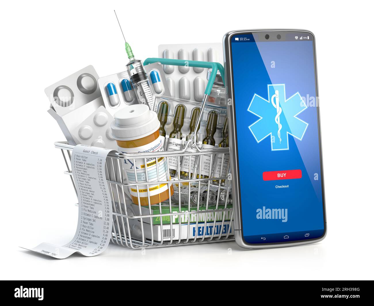 Servizio mobile o app per l'acquisto di farmaci in farmacia online. Smartphone e carrello pieno di medicinali. illustrazione 3d. Foto Stock