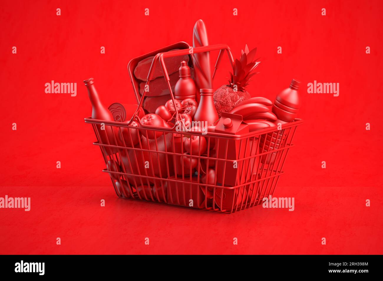 Cestino rosso pieno di generi alimentari su sfondo rosso. illustrazione 3d. Foto Stock