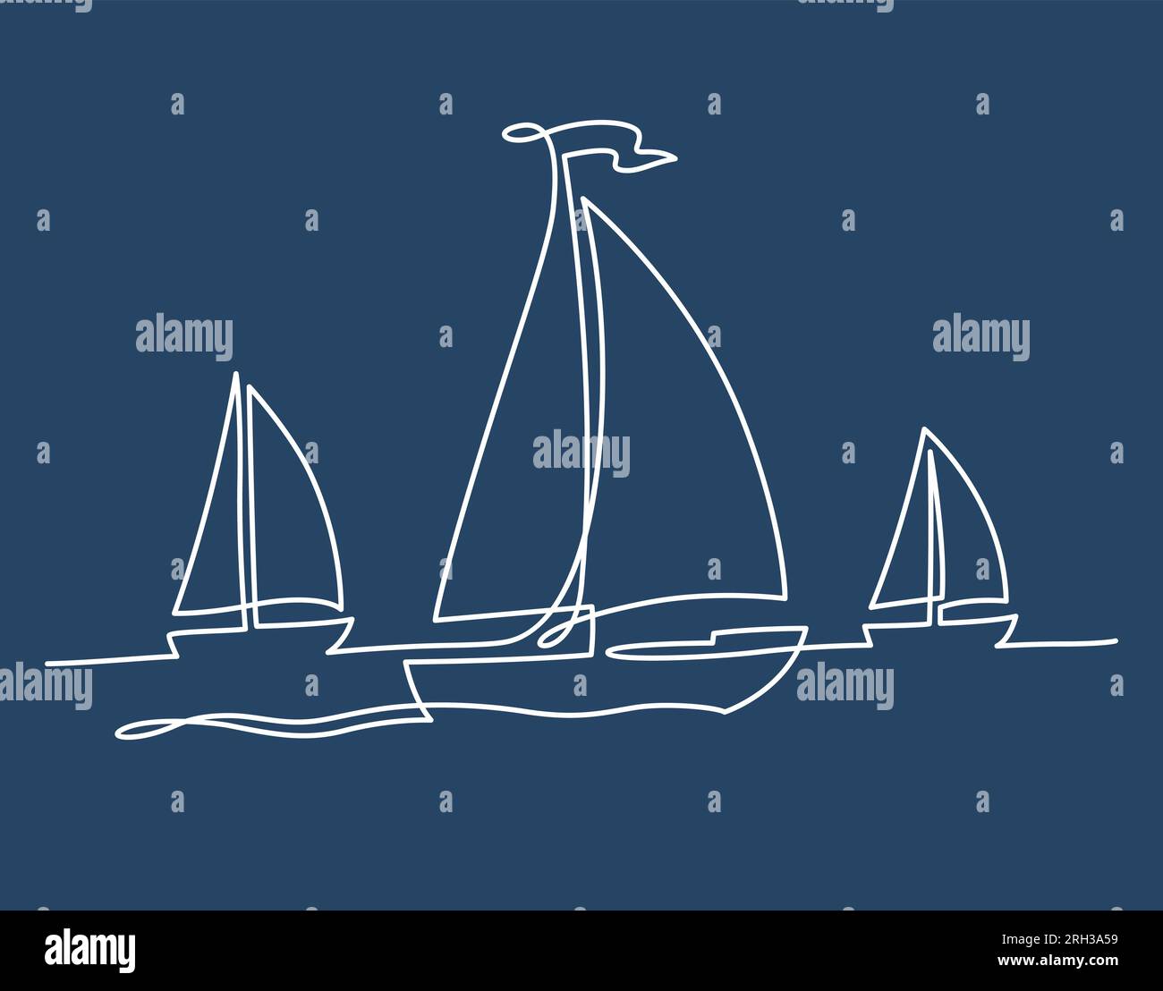 Le barche a vela hanno una silhouette in mare, un disegno continuo. Illustrazione della regata, design semplice e minimalista. Grafica vettoriale su sfondo blu. Illustrazione Vettoriale