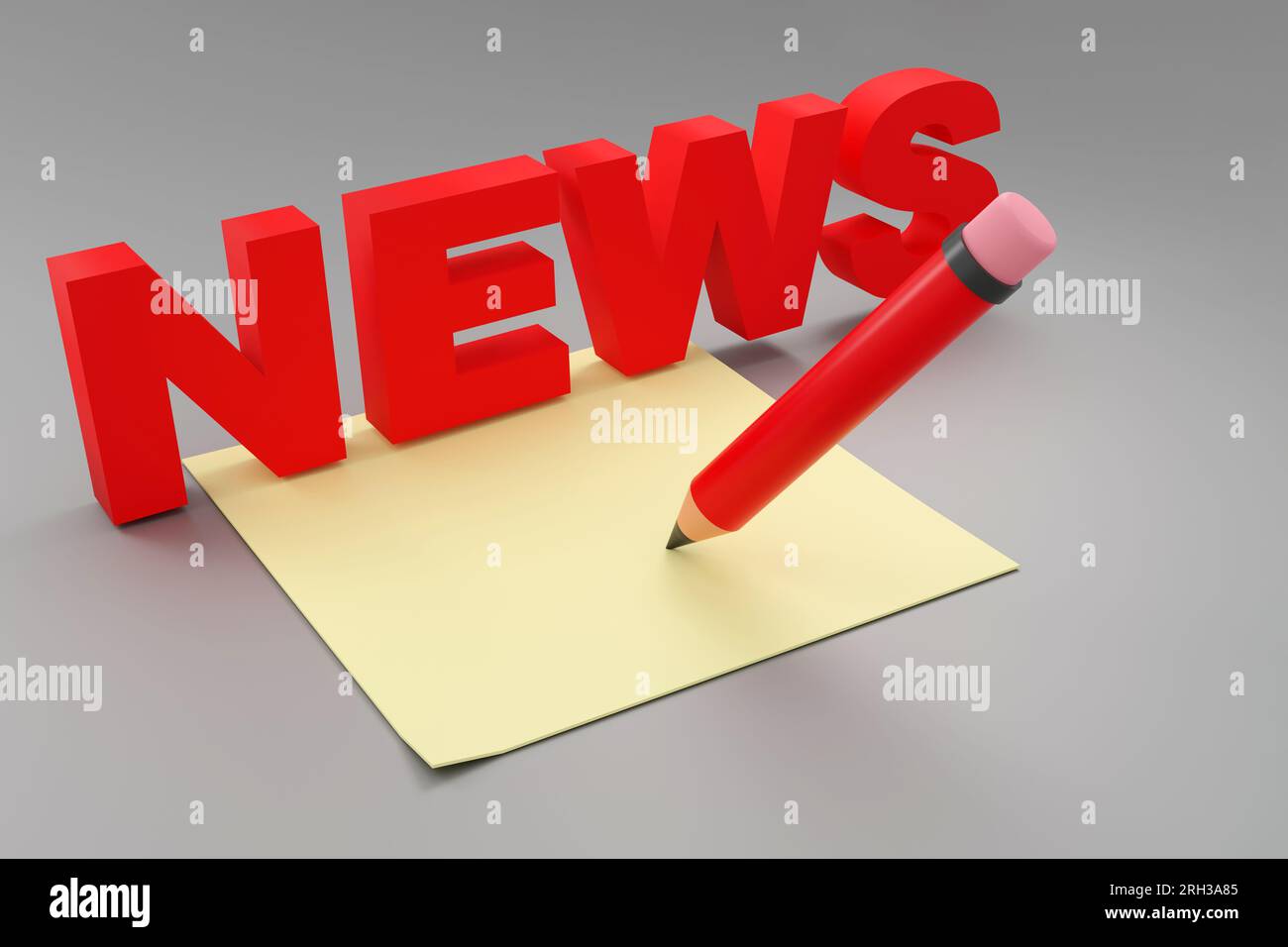 Eleganti iscrizioni rosse su podio grigio, luce soffusa, vista frontale sfondo liscio, rendering 3d. Foto Stock