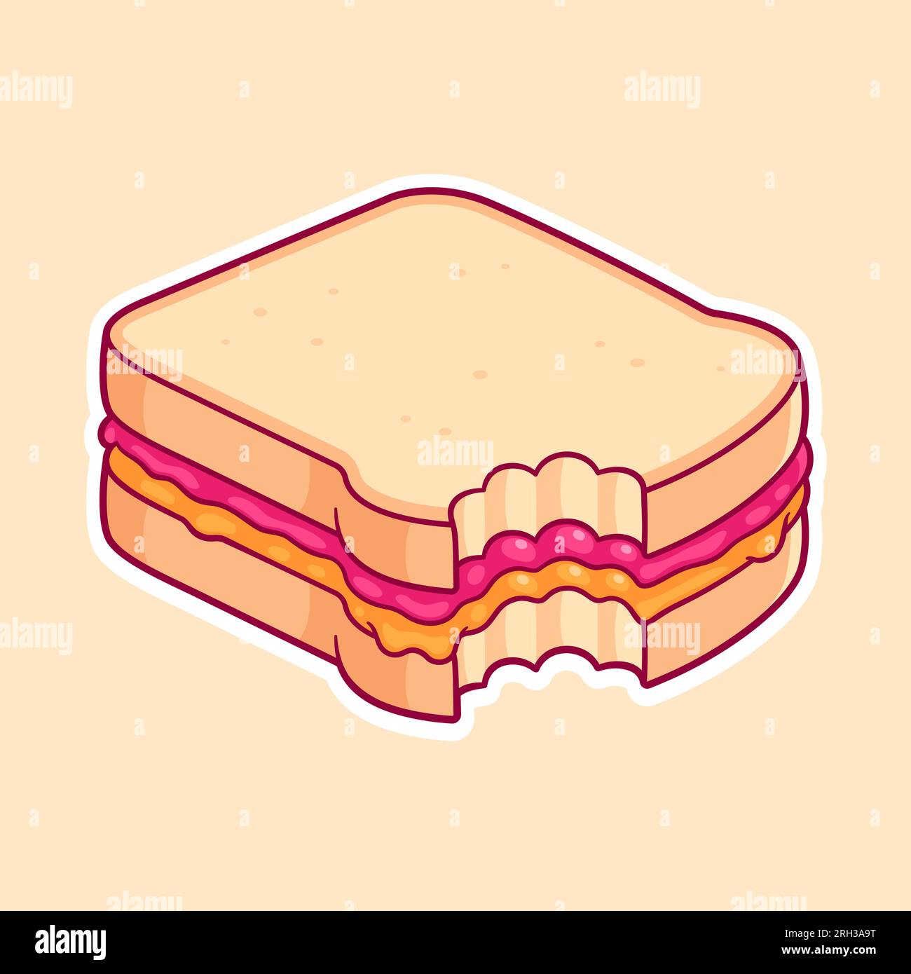 Disegno a sandwich PBJ con morso mancante. Pane tostato bianco con burro di arachidi e marmellata di lamponi. Carino illustrazione vettoriale dei cartoni animati. Illustrazione Vettoriale