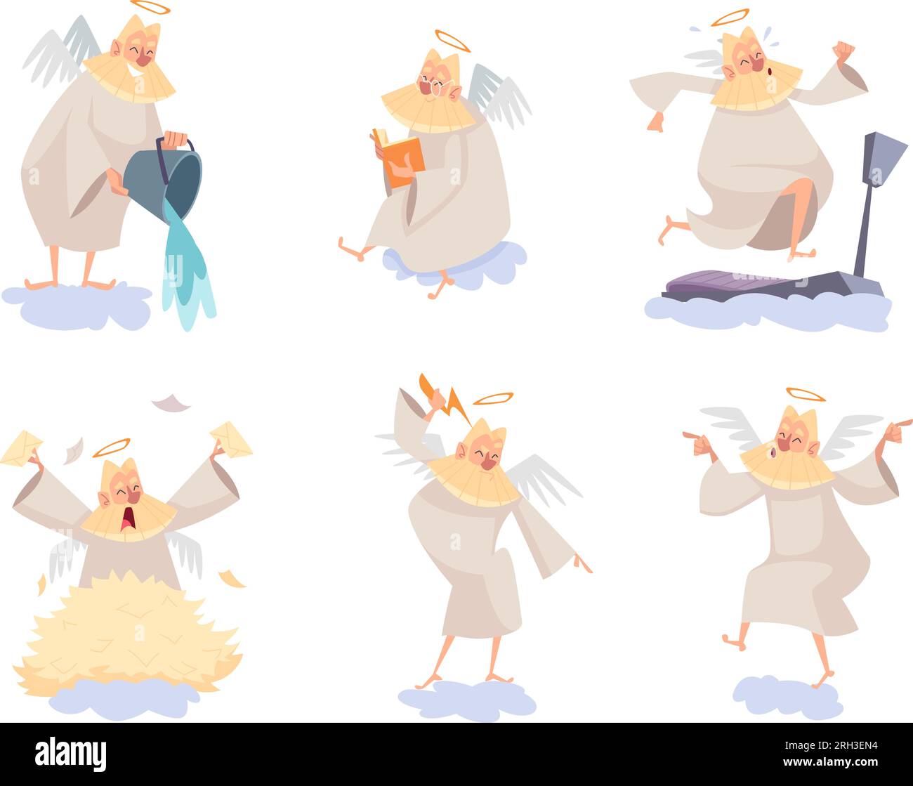 Angel su cloud. Anziano barbuto dio con pose divertenti, santo vecchio, esatto personaggio dei cartoni animati vettoriali Illustrazione Vettoriale