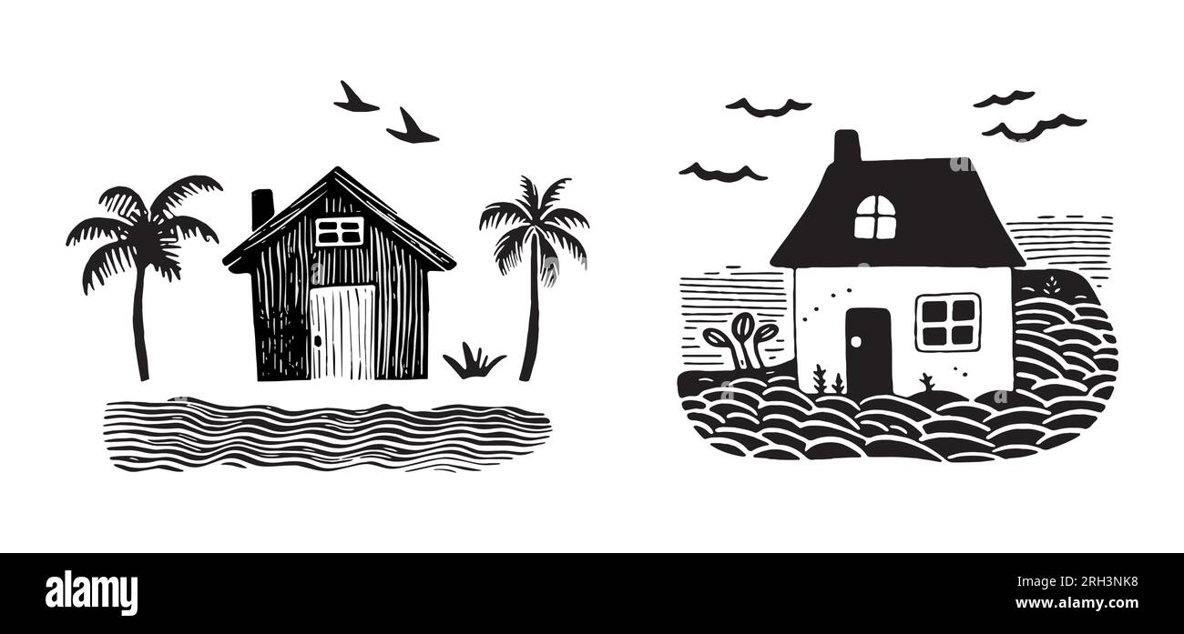 Gruppo di bizzarre case sulla spiaggia per l'illustrazione vettoriale del concetto di viaggio. Set di oggetti tropicali per le vacanze con stampa di capanne costiere. Illustrazione Vettoriale