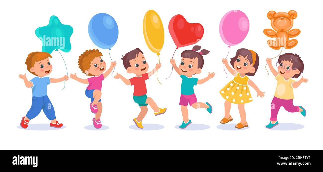 Bambini con palloncini. I bambini più carini possono sorreggere palloncini ad aria di forme diverse. Ragazze e ragazzi felici con giocattoli gonfiati all'elio. Festa di compleanno. Un po' divertente Illustrazione Vettoriale