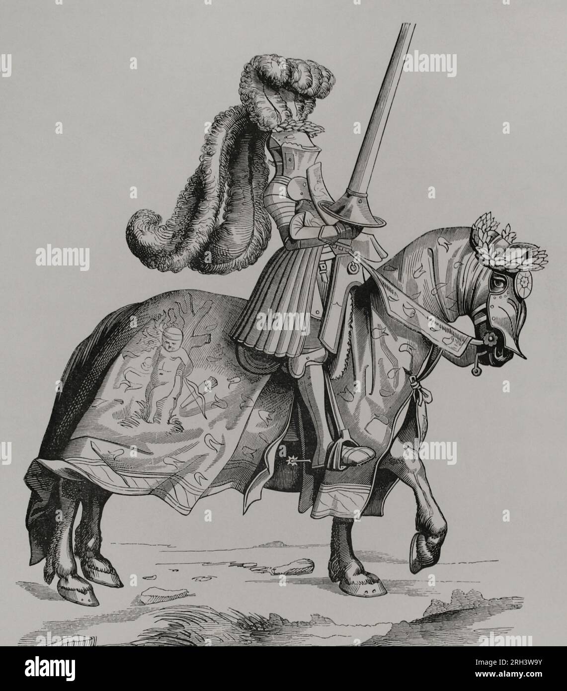 Il campione del torneo. Incisione di Burgmayer, versione del XIX secolo da una compilation intitolata "vita imperatoris Maximiliani". Disegno di Albrecht Dürer, XV secolo. "Vie Militaire et Religieuse au Moyen Age et à l'Epoque de la Renaissance". Parigi, 1877. Foto Stock