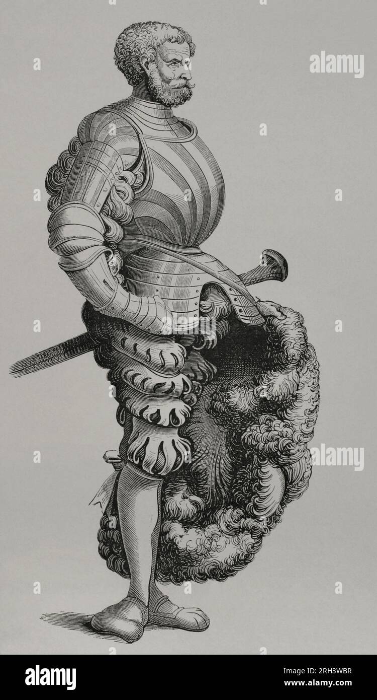 Cavaliere tedesco. Incisione di Burgmayer, versione del XIX secolo da una compilation intitolata "vita imperatoris Maximiliani". Disegno di Albrecht Dürer, XV secolo. "Vie Militaire et Religieuse au Moyen Age et à l'Epoque de la Renaissance". Parigi, 1877. Foto Stock