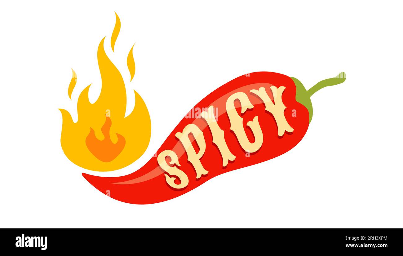 Illustrazione vettoriale di un peperoncino piccante con fiamma. Peperoncino rosso in fiamme per cibo messicano o tailandese. Illustrazione Vettoriale