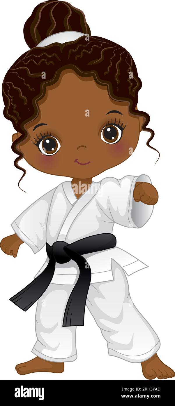 Cartoon Vector Afro Girl che pratica il Karate Illustrazione Vettoriale