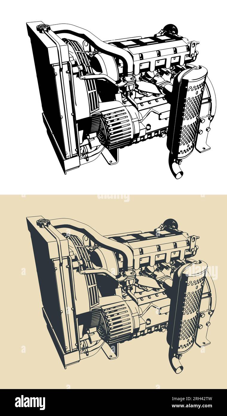 Illustrazioni vettoriali stilizzate di un potente motore diesel Illustrazione Vettoriale