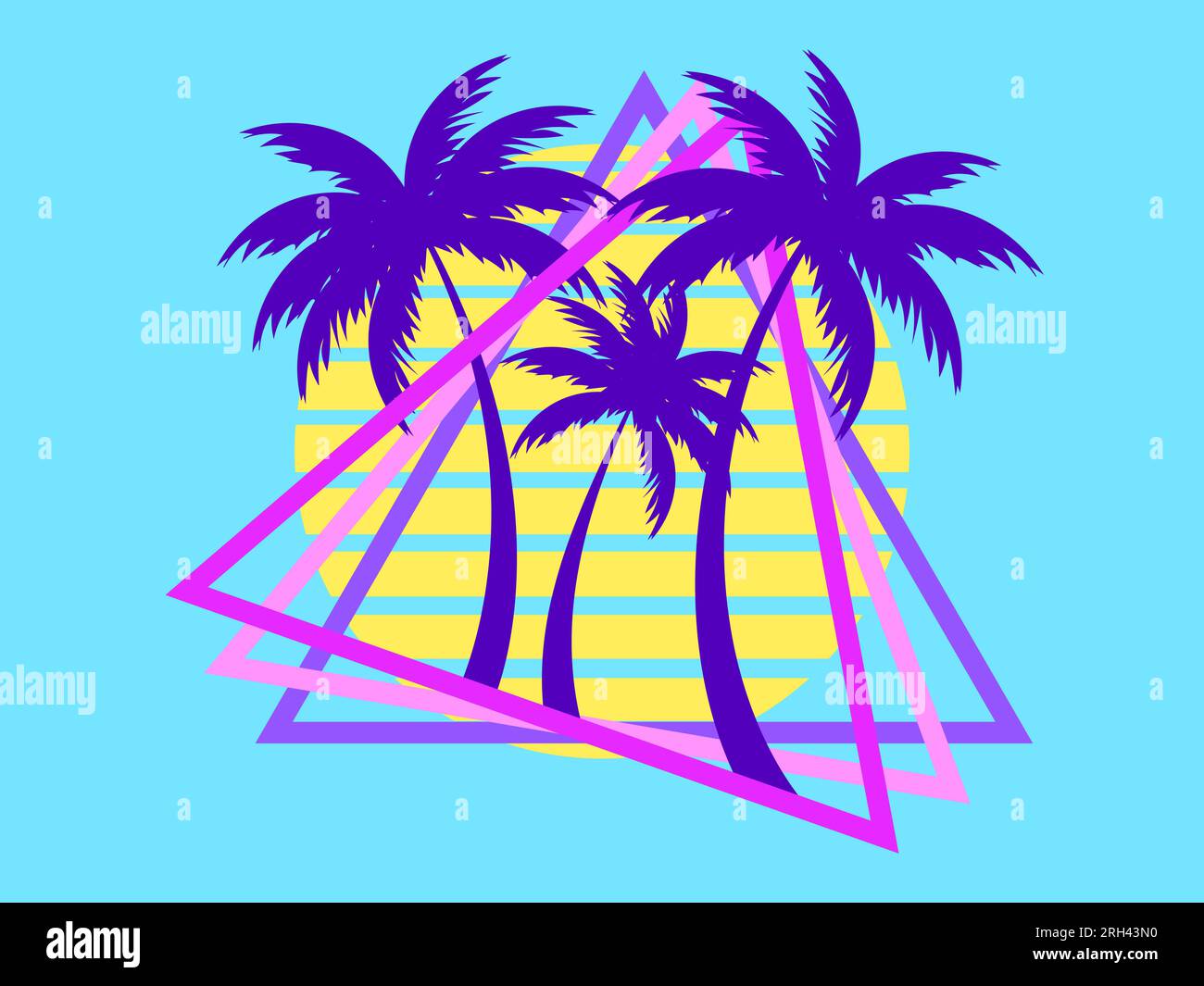 80 palme al tramonto. Ora legale. Sole futuristico retrò. Stile Synthwave e retroonda. Progettazione di opuscoli pubblicitari, banner e poster. VEC Illustrazione Vettoriale