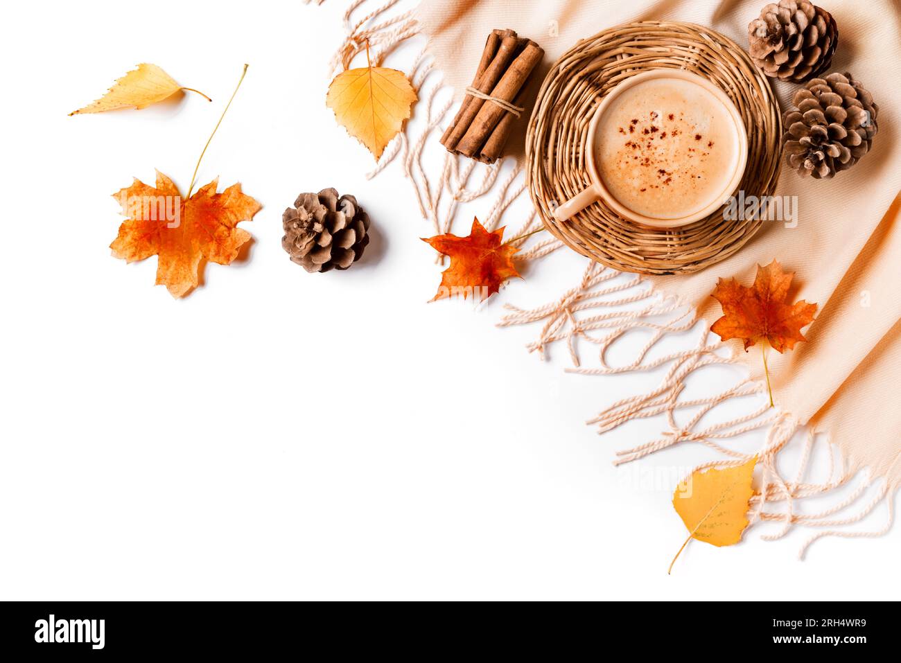 Composizione autunnale con caffè, foglie secche e coni di pino isolati su sfondo bianco. Tazza di caffè cappuccino con quadri beige caldo - di stagione Foto Stock