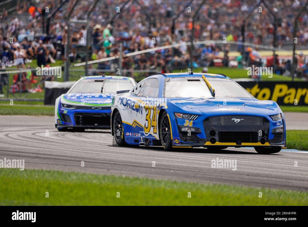 Indianapolis, Stati Uniti. 13 agosto 2023. Michael McDowell (#34 Front Row Motorsports Horizon Hobby Ford) corre durante la Verizon 200 al Brickyard dell'Indianapolis Motor Speedway di Indianapolis. (Foto di Jeremy Hogan/SOPA Images/Sipa USA) credito: SIPA USA/Alamy Live News Foto Stock