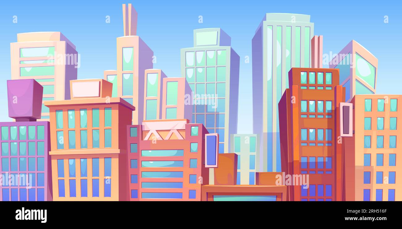 Centro città moderno con grattacieli sullo sfondo blu del cielo. Illustrazione vettoriale del paesaggio urbano, futuristici grattacieli e edifici per uffici, quartiere residenziale Illustrazione Vettoriale