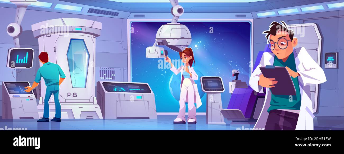Laboratorio scientifico a bordo di veicoli spaziali, vettore di cartoni animati. Criocapsula, computer con monitor, giovani scienziati maschi e femmine all'interno della nave con grande finestra che si affaccia sullo spazio. Illustrazione Vettoriale