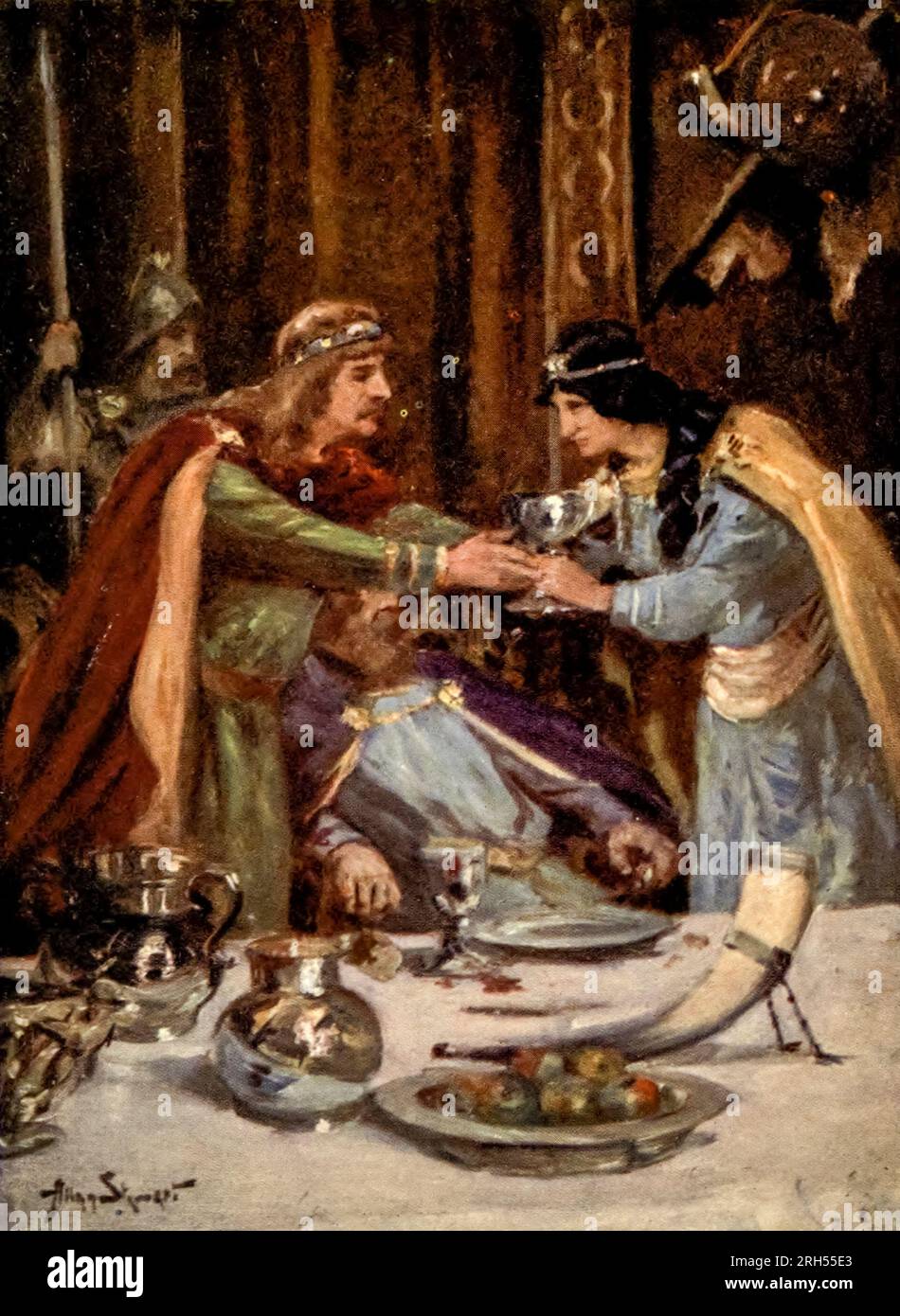 LA REGINA CONSEGNA LA COPPA DROGATA A ETHELBERT dal libro ' Hereford ' di Elizabeth Wilson Grierson, da Tales of English Minsters data di pubblicazione 1910 Publisher London : Adam & Charles Black Hereford è una città cattedrale, parrocchia civile e la città della contea di Herefordshire, Inghilterra. Si trova sul fiume Wye, circa 16 miglia (26 km) ad est del confine con il Galles, 24 miglia (39 km) a sud-ovest di Worcester e 23 miglia (37 km) a nord-ovest di Gloucester. Foto Stock