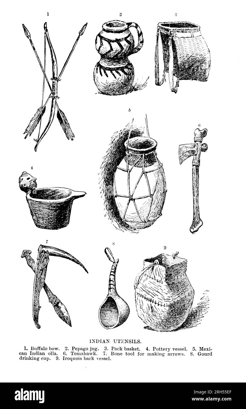 Utensili indiani 1. Buffalo Bow. 2) brocca pepago. 3. Cestello della confezione. 4) vaso in ceramica. 5) olla indiana messicana. 6) Tomahawk. 7. Strumento osseo per la creazione di frecce. 8) tazza per bere zucca. 9) nave corteccia Iroquois. Dal libro The Song of Hiawatha di Longfellow, Henry Wadsworth, 1807-1882 pubblicato da Mifflin and Company nel 1898 Foto Stock