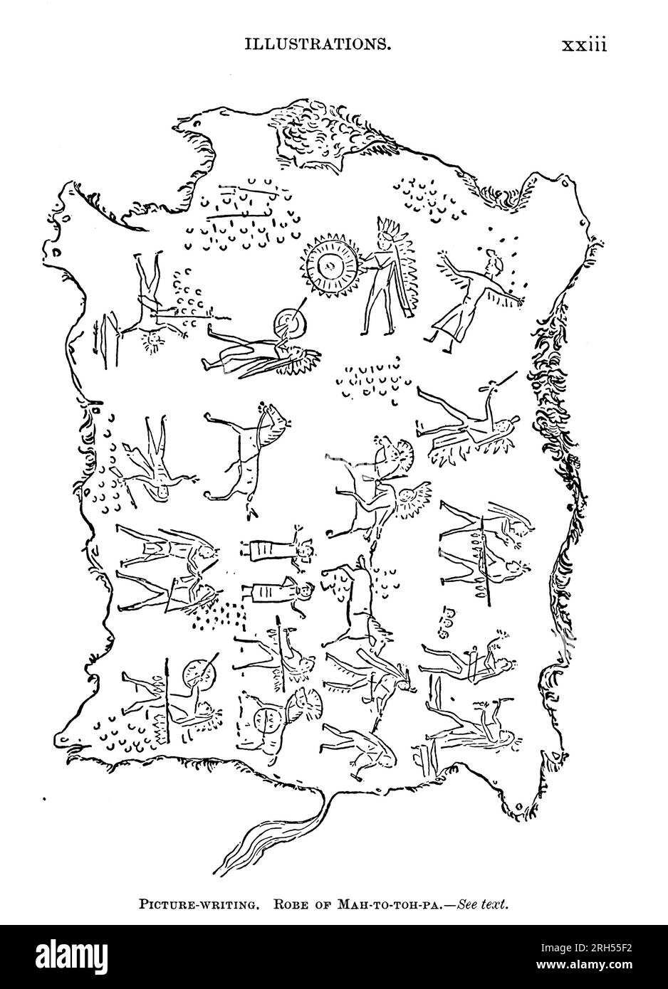 Picture Writing, Robe of medicine man Mah-to-He-Hah (Old Bear) Indian indossa abbigliamento e utensili dal libro ' The Song of Hiawatha ' di Longfellow, Henry Wadsworth, 1807-1882 pubblicato da Mifflin and Company nel 1898 Foto Stock