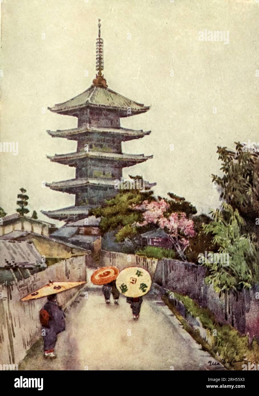 GOING TO THE TEMPLE dal libro ' Japan ' parte della serie ' Peeps of History ' di John Finnemore illustrato da Ella Du cane Ella Du cane (1874-1943) è stata un'artista britannica meglio conosciuta per i suoi acquerelli di paesaggi e luoghi esotici. Data di pubblicazione 1910 Editore Londra : Adam e Charles Black Foto Stock