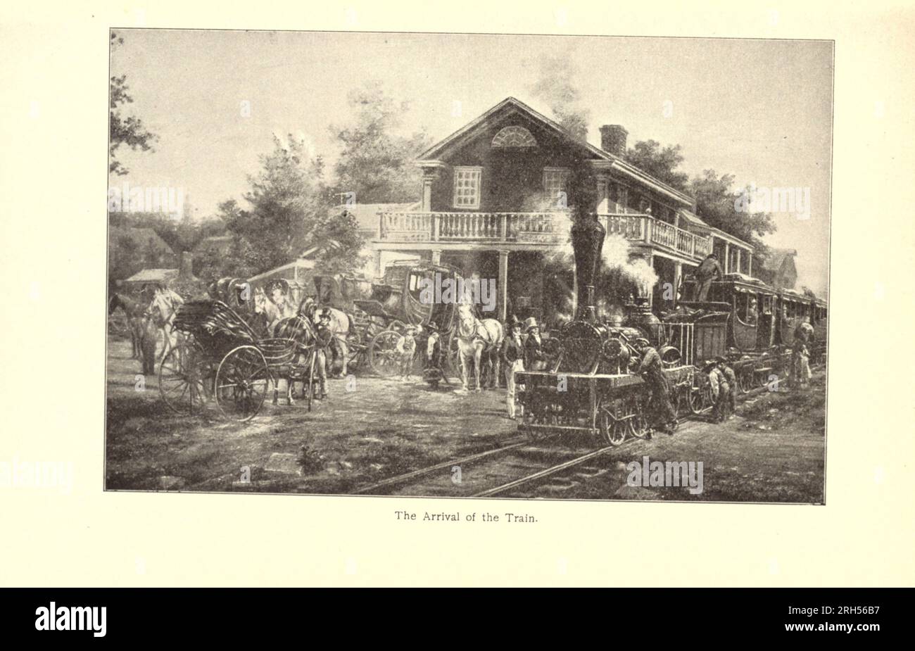 L'arrivo del treno. Da un dipinto di Edward Lamson Henry dal libro ' Stage-coach and tavern Days' di Earle, Alice Morse, 1851-1911 The Macmillan Company 1901 Foto Stock