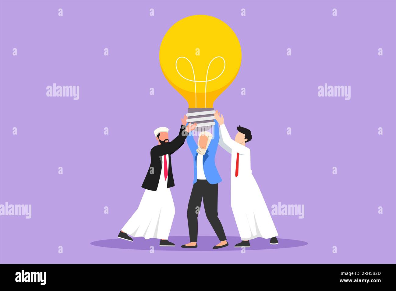 Disegno grafico piatto gruppo di persone arabe con lampada nuova idea. Il successo nel business si basa sul lavoro di squadra, sulla buona pianificazione, sulla ricerca di soluti creativi Foto Stock