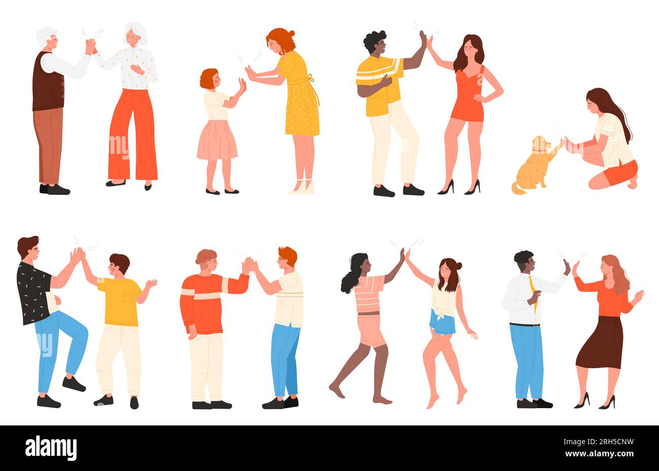 Persone felici che offrono cinque serie di illustrazioni vettoriali. Cartone animato saluto isolato e gesto di unità dei personaggi, linguaggio del corpo non verbale di due partner, amici o familiari, team di colleghi Illustrazione Vettoriale