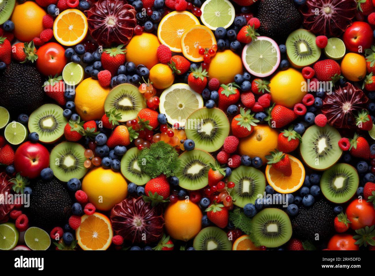 Varietà di frutti esotici vivaci presentati in una composizione allettante. Foto Stock