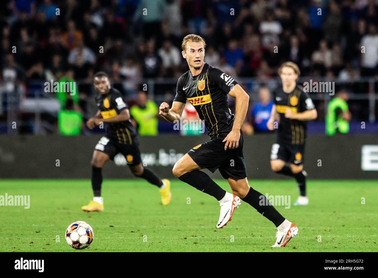 Bucarest, Romania. 10 agosto 2023. Benjamin Nygren (9) dell'FC Nordsjaelland visto durante la partita di qualificazione della UEFA Conference League tra FCSB e FC Nordsjaelland allo Stadionul Steaua di Bucarest. (Foto: Gonzales Photo - Dejan Obretkovic). Foto Stock