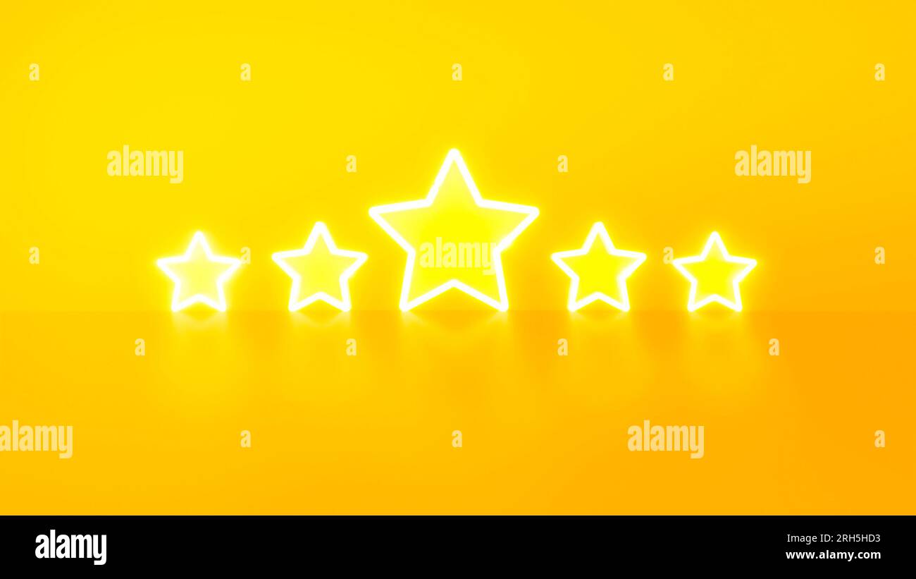 Valutazione utente a 5 stelle stile luce al neon per feedback o sondaggi su sfondo giallo. concetto di feedback di assistenza. Foto Stock
