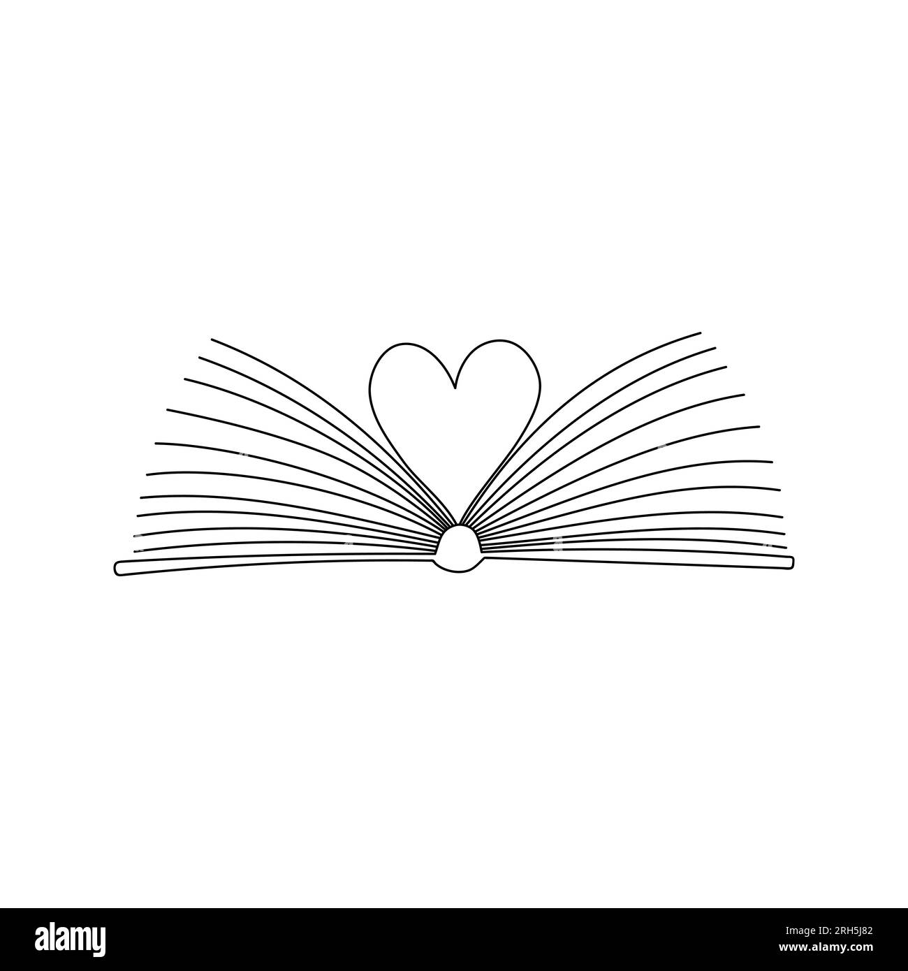 Sfoglia un libro aperto con pagine piegate a forma di cuore. Simbolo di conoscenza, apprendimento, lettura, letteratura. Un concetto per gli amanti dei libri. Disegno a mano Illustrazione Vettoriale