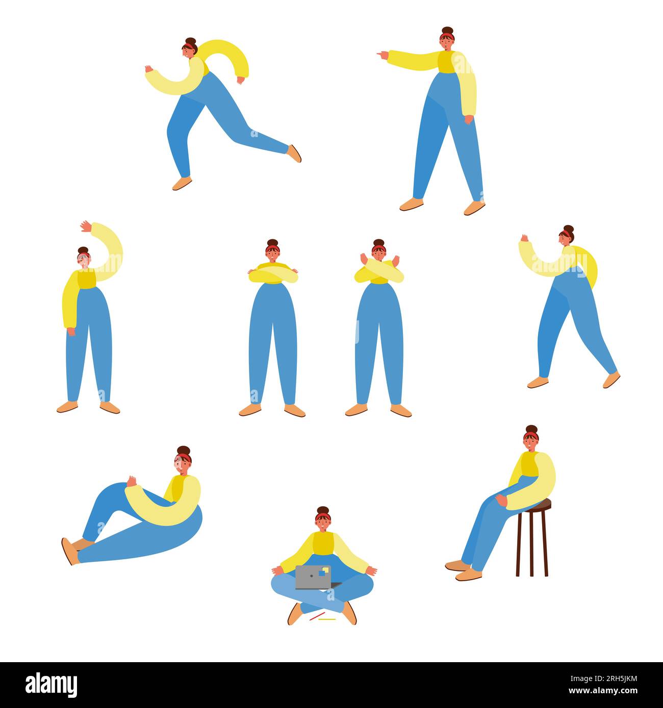 La donna posa il set. 9 diverse illustrazioni femminili in piedi, sedute e ambulanti. Correre, sedersi, salutare la mano, puntare, le mani incrociate, non sono d'accordo Illustrazione Vettoriale