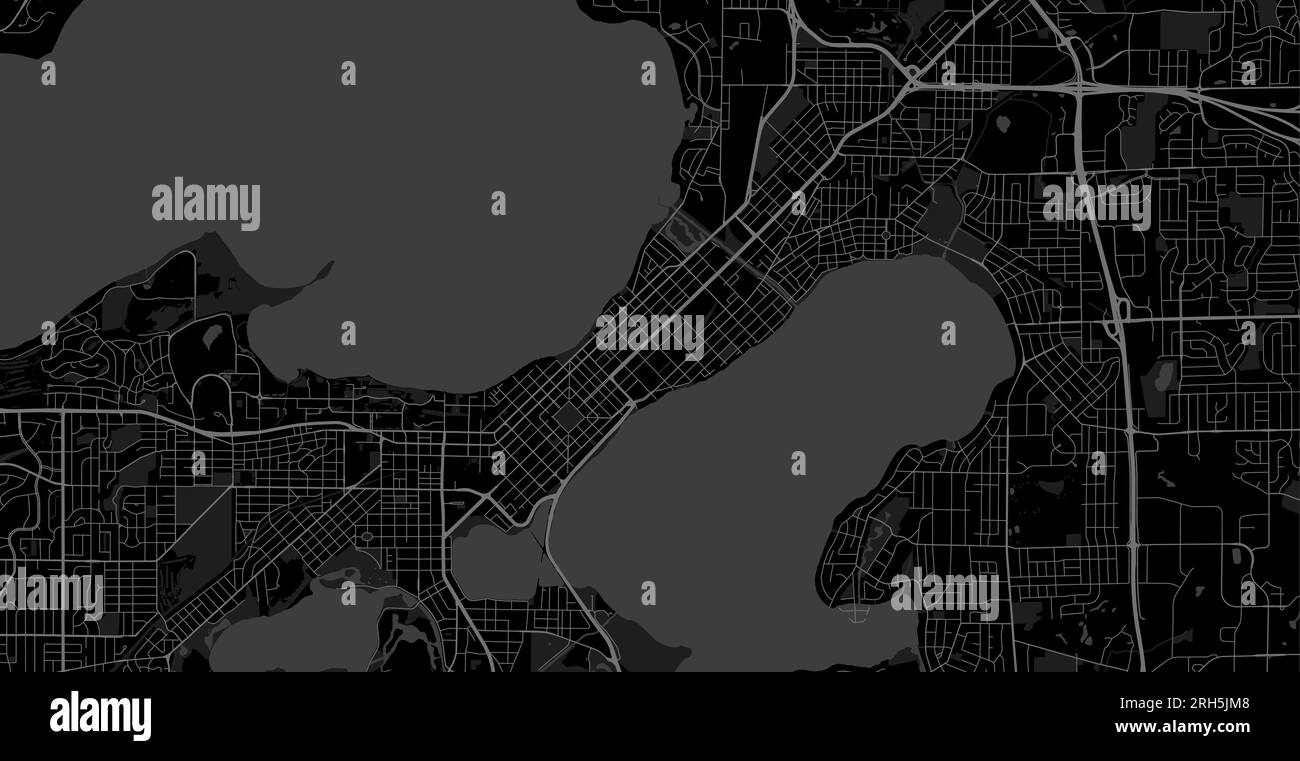 Sfondo mappa di Madison, Wisconsin, poster della città nera. Mappa vettoriale con strade e acqua. Roadmap digitale del design piatto in formato widescreen. Illustrazione Vettoriale
