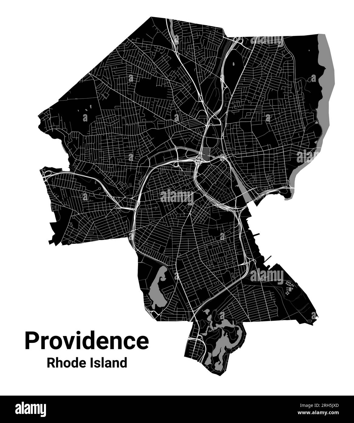 Mappa della città di Providence, capitale dello stato USA del Rhode Island. Confini amministrativi comunali, mappa dell'area bianca e nera con fiumi e strade, parchi Illustrazione Vettoriale