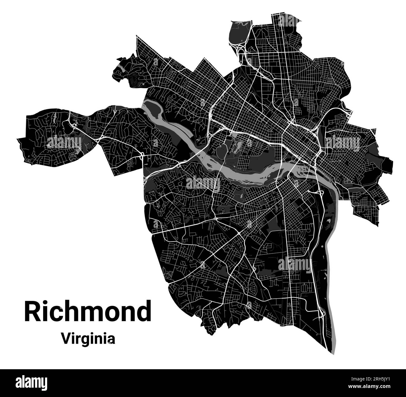 Mappa della città di Richmond, capitale dello stato americano della Virginia. Confini amministrativi comunali, mappa dell'area in bianco e nero con fiumi e strade, parchi e Illustrazione Vettoriale