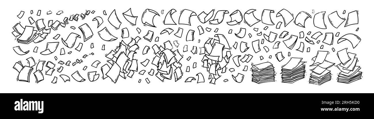Grande set di fogli di carta volanti in stile doodle. Pagine di documenti vuote disegnate a mano. Documenti in caduta. Illustrazione di Office Business Vector Illustrazione Vettoriale