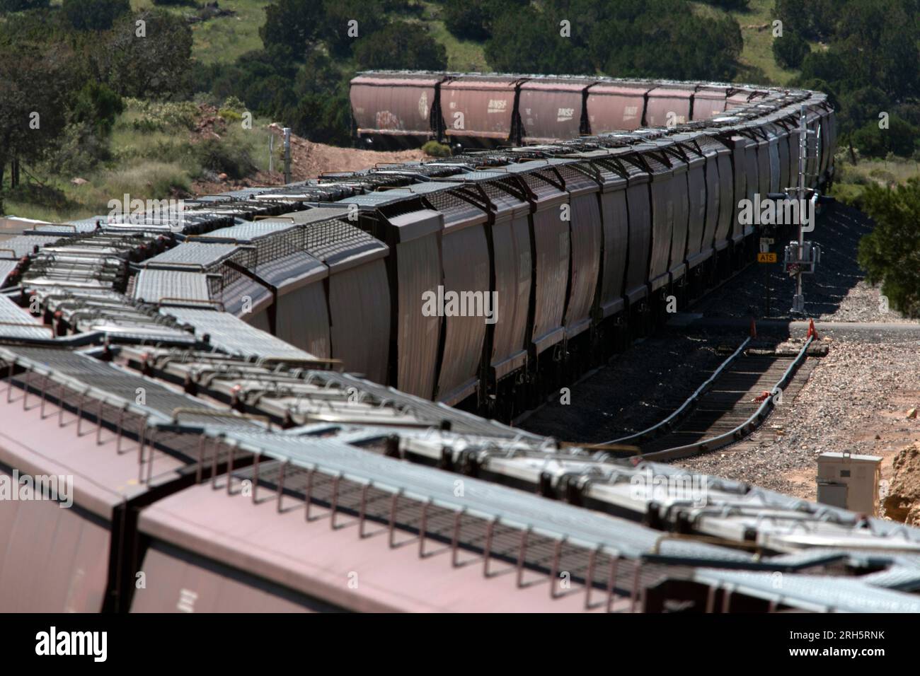 I vagoni ferroviari serpeggiano attraverso i binari curvi Foto Stock