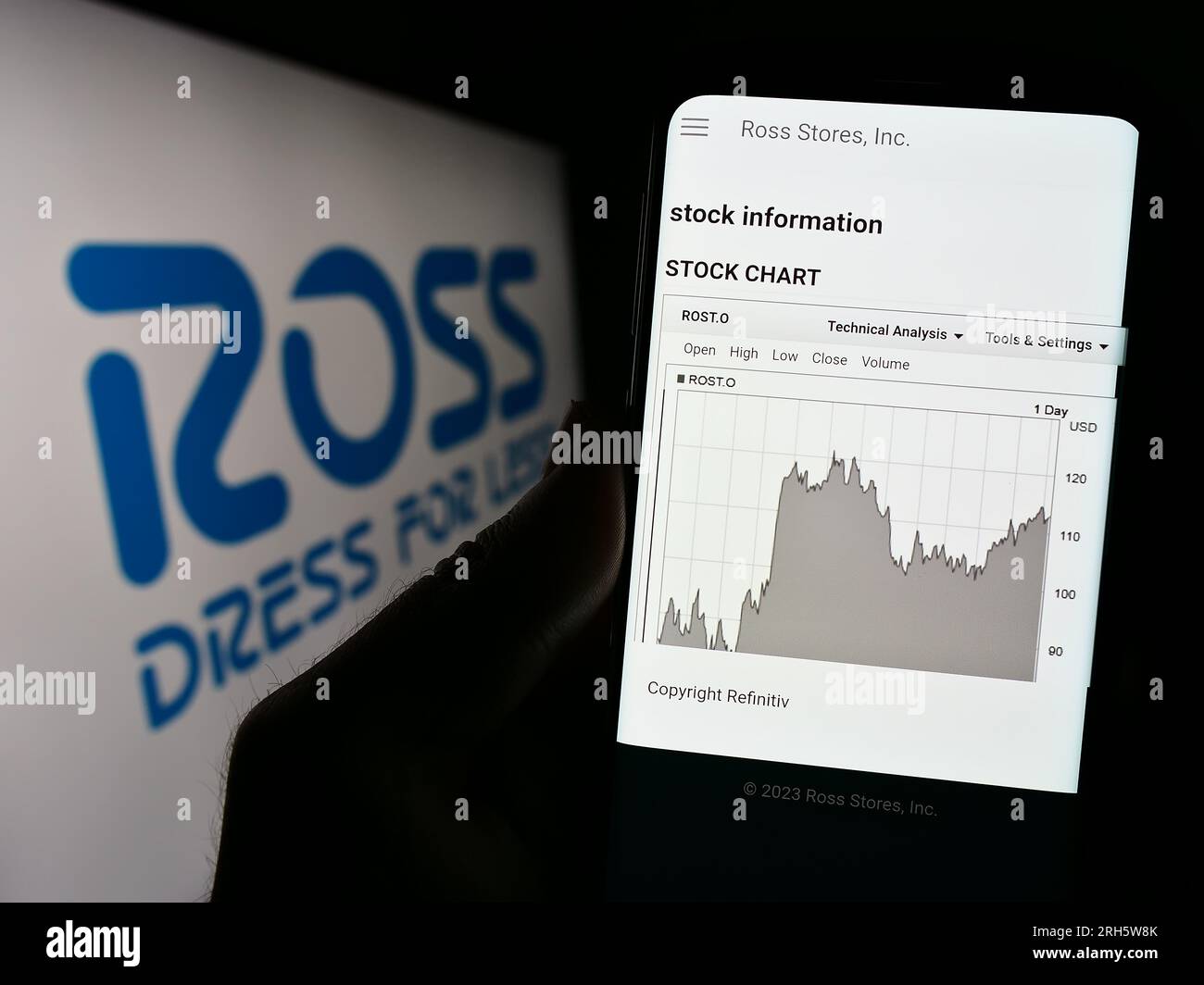 Persona che possiede il cellulare con il sito Web della società di vendita al dettaglio statunitense Ross Stores Inc. Sullo schermo davanti al logo. Concentrarsi sul centro del display del telefono. Foto Stock