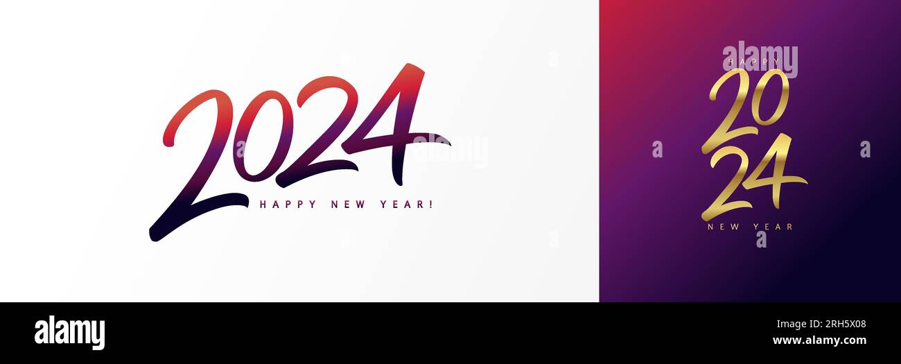 Design del logo calligrafico Happy New Year 2024. Auguri di Natale con numeri scritti a mano 2024. Illustrazione vettoriale Illustrazione Vettoriale