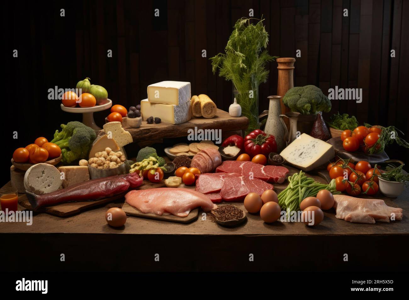 Una diversa composizione di alimenti nutrienti presentati elegantemente in una disposizione equilibrata. Foto Stock